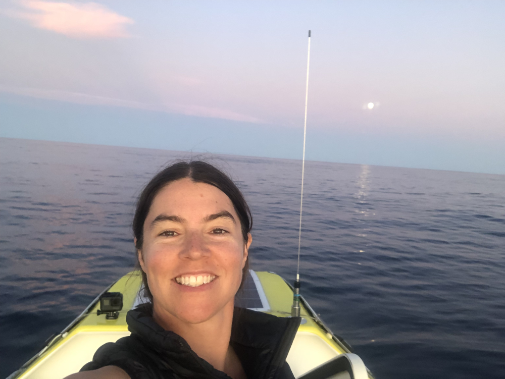 Lia Ditton selfie in solar boat on Pacific Ocean